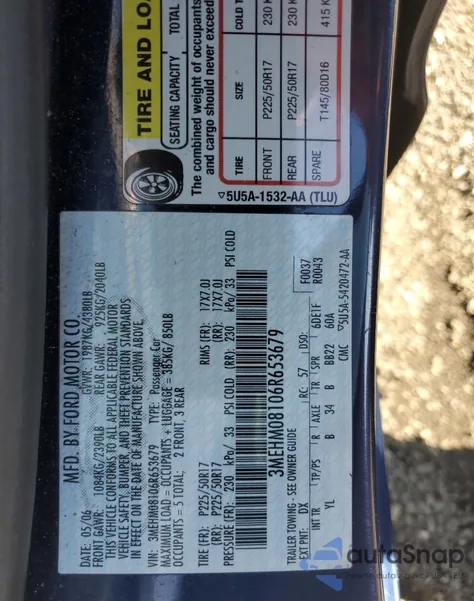 2006 Mercury Milan Premier из США, поврежденный, VIN 3MEHM08106R653679